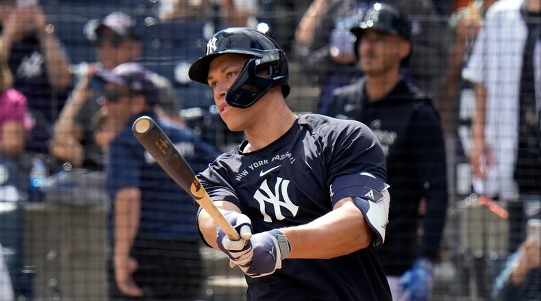 New York Yankees' Aaron Judge takes live batting practice during a spring training baseball workout Monday, Feb. 16, 2026, in Tampa, Fla. (AP Photo/Chris O'Meara)