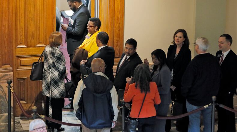 3/5/18 - Atlanta - Democrats line up for qualifying this morning. Qualifying for Georgia's 2018 elections began Monday and runs through Friday. Georgia has races for Governor, Lieutenant Governor and other statewide posts, and every congressional seat nationwide is up for a vote in November. BOB ANDRES /BANDRES@AJC.COM