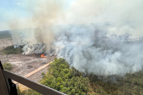 The photo provided by the Office of Gov. Brian Kemp shows smoke produced from a wildfire in Brantley County, Ga., Friday, April 24, 2026. (Office of Gov. Brian Kemp via AP)