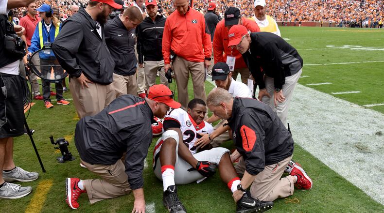 Georgia Bulldogs running back Nick Chubb was injured in Georgia's loss to Tennessee Saturday. BRANT SANDERLIN/BSANDERLIN@AJC.COM
