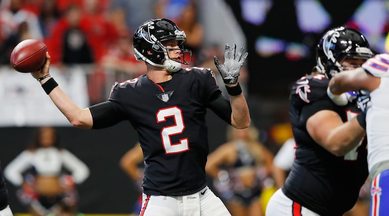 ATLANTA, GA - OCTOBER 01: Matt Ryan #2 of the Atlanta Falcons drops back to pass during the first half against the Buffalo Bills at Mercedes-Benz Stadium on October 1, 2017 in Atlanta, Georgia. (Photo by Kevin C. Cox/Getty Images)