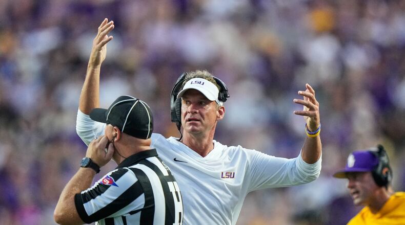 LSU head coach Lane Kiffin reacts to a call in the first half of an NCAA college football game against Louisiana Tech, Saturday, Sept. 12, 2026 in Baton Rouge, La. (AP Photo/Gerald Herbert)