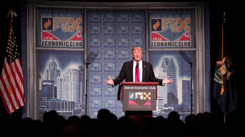 DETROIT, MI - AUGUST 8: Republican presidential candidate Donald Trump delivers an economic policy address detailing his economic plan at the Detroit Economic Club August 8, 2016 in Detroit Michigan. Donald Trump is expected to attend a fundraiser in Canton, OH later today. (Photo by Bill Pugliano/Getty Images)