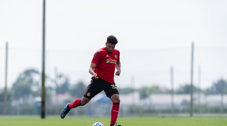 George Campbell dribbles the ball during the preseason match against the Philadelphia Union during preseason at IMG Academy in Bradenton, FL, on Friday January 24, 2020. (Photo by Jacob Gonzalez/Atlanta United)