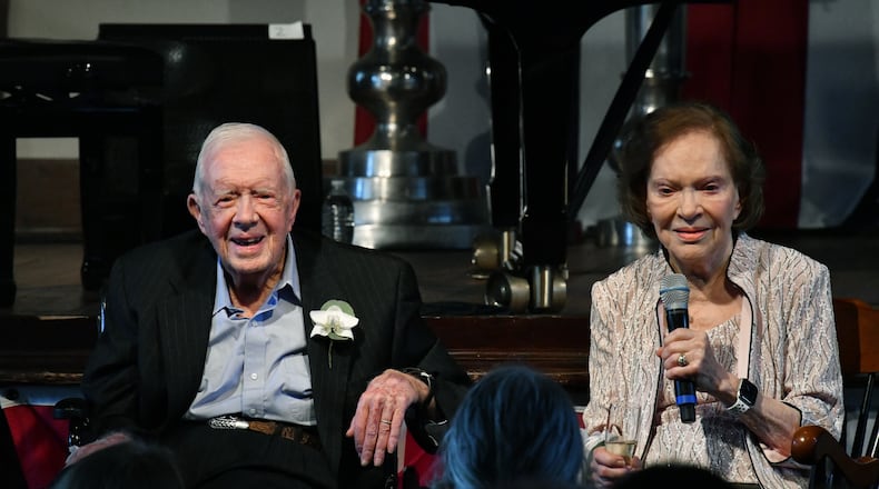Former President Jimmy Carter and his wife, Rosalynn, celebrate their 75th wedding anniversary with a private reception for more than 300 invited guests at Plains High School on Saturday, July 10, 2021, in Plains. (Hyosub Shin/AJC)