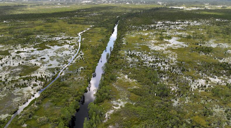 An aerial photo shows the Okefenokee Swamp on Tuesday, August 12, 2025. (Hyosub Shin/AJC)