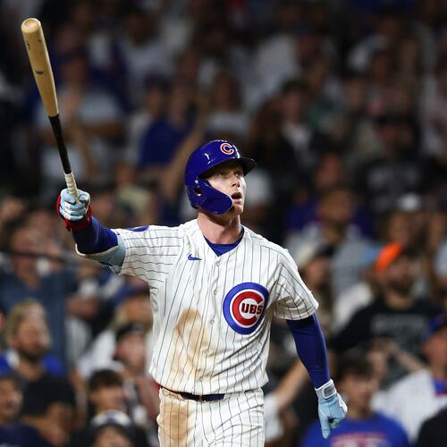 Chicago Cubs' Pete Crow-Armstrong watches his walkoff home run during the 10th inning of a baseball game to defeat the Chicago White Sox in Chicago, Monday, Aug. 17, 2026. (AP Photo/Jessie Alcheh)