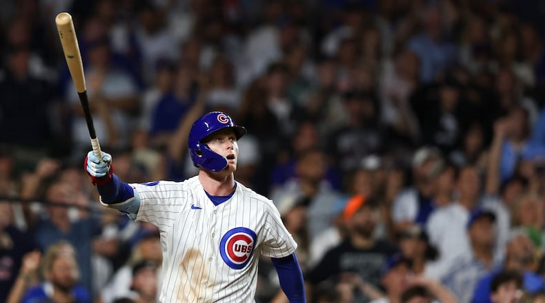 Chicago Cubs' Pete Crow-Armstrong watches his walkoff home run during the 10th inning of a baseball game to defeat the Chicago White Sox in Chicago, Monday, Aug. 17, 2026. (AP Photo/Jessie Alcheh)