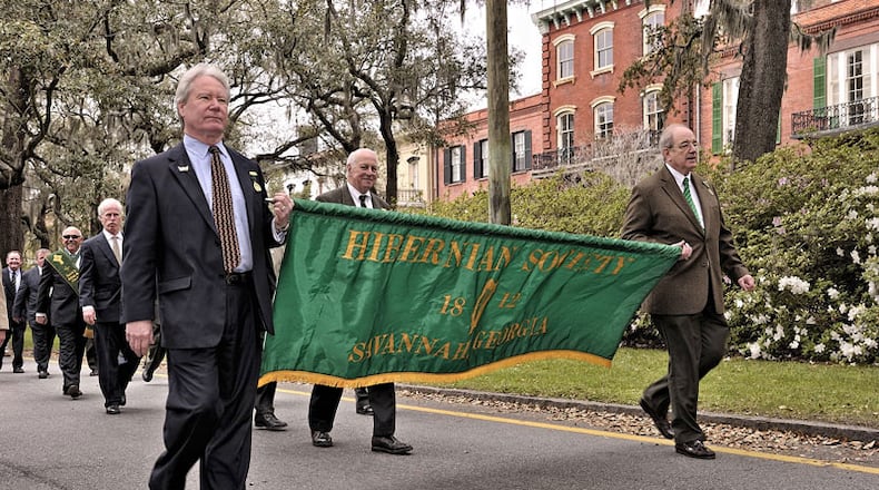The members of the Savannah Hibernian Society march in several St. Patrick's Day celebration events, including the parade started by the society in 1824. (Photo courtesy of the Hibernian Society)