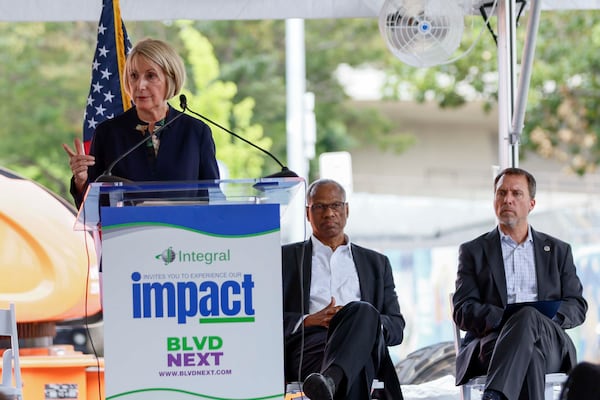 Wellstar CEO Candice Saunders speaks at the ceremonial initiation of the demolition of Atlanta Medical Center, June 2025.
(Miguel Martinez/AJC)