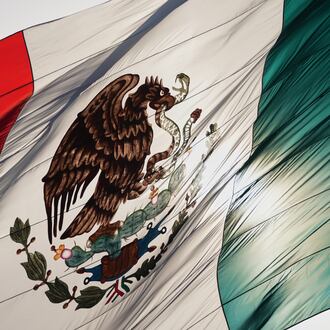 Mexico's coat of arms decorates a large flag in the city's Zocalo square, Mexico City, Thursday, Nov. 13, 2025. (AP Photo/Claudia Rosel)