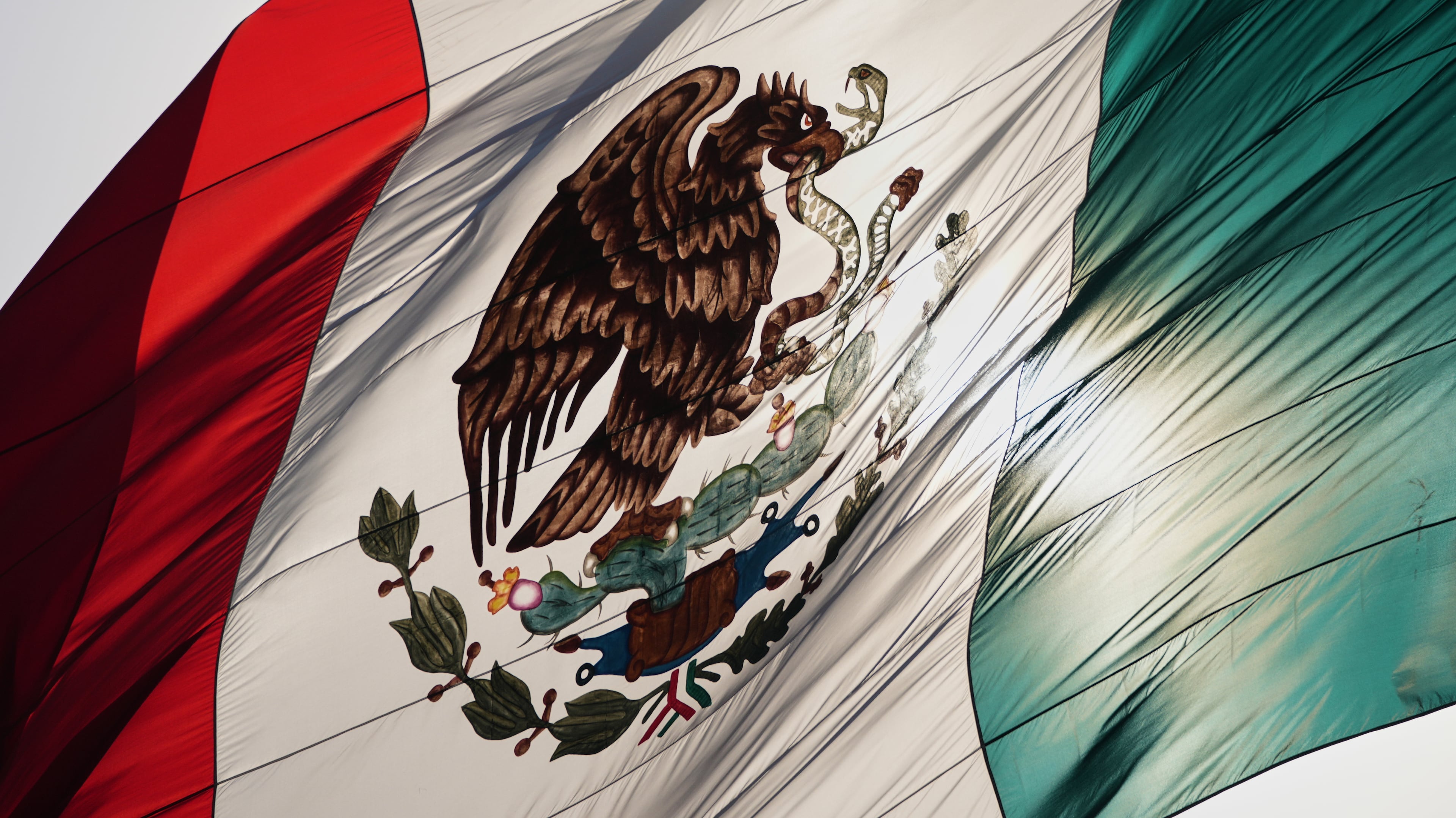 Mexico's coat of arms decorates a large flag in the city's Zocalo square, Mexico City, Thursday, Nov. 13, 2025. (AP Photo/Claudia Rosel)