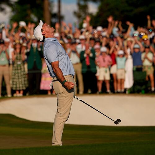 Rory McIlroy, of Northern Ireland, celebrates after winning the Masters golf tournament at the Augusta National Golf Club, Sunday, April 12, 2026, in Augusta, Ga. (AP Photo/Eric Gay)
