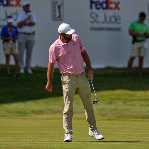 Scottie Scheffler misses a birdie try on the 18th hole during the second round of the St. Jude Championship golf tournament Friday, Aug. 14, 2026, in Memphis, Tenn. (AP Photo/George Walker IV)