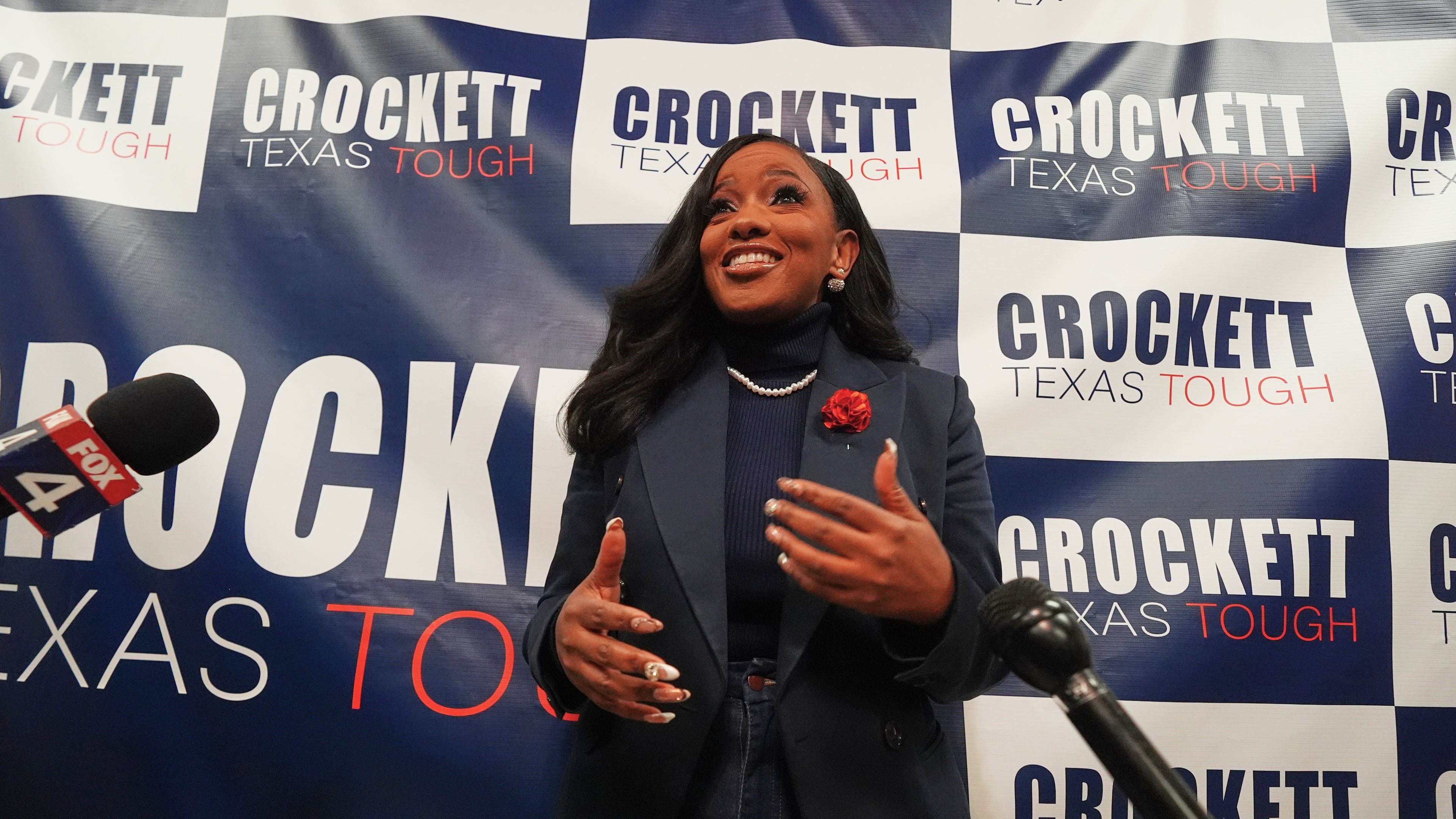 Rep. Jasmine Crockett, D-Texas, speaks to reporters after announcing her run in the Democratic primary for U.S. Senate, Monday, Dec. 8, 2025, in Dallas. (AP Photo/LM Otero)