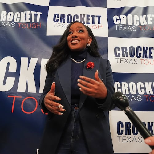 Rep. Jasmine Crockett, D-Texas, speaks to reporters after announcing her run in the Democratic primary for U.S. Senate, Monday, Dec. 8, 2025, in Dallas. (AP Photo/LM Otero)