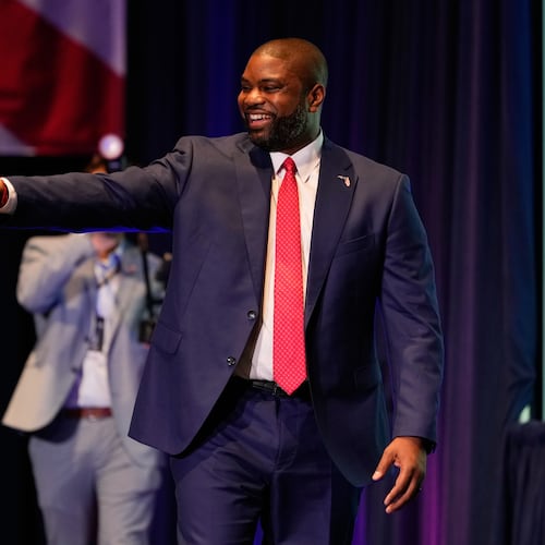 Florida Republican gubernatorial candidate Byron Donalds points at supporters during at a primary election party Tuesday, Aug. 18, 2026, in Orlando, Fla. (AP Photo/John Raoux)
