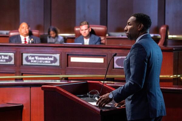 Mayor Andre Dickens is pictured speaking to the Atlanta City Council a year ago. 