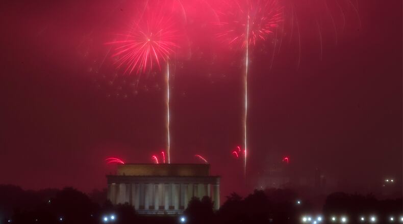 Fireworks xplode over Lincoln Memorial, at the National Mall as seen from Arlington, Va., during the Fourth of July celebration on Monday, July 4, 2016.