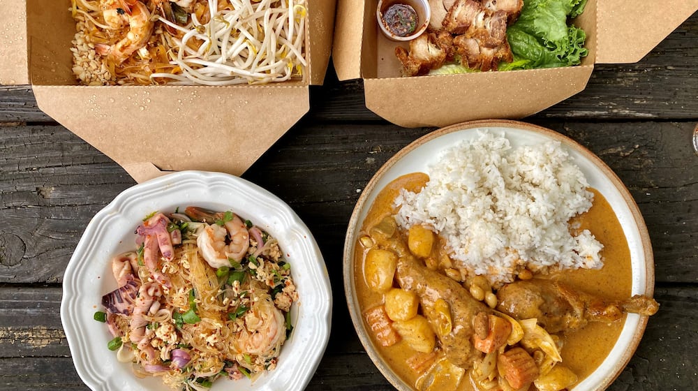Some dishes on the menu at Tum Pok Pok include (clockwise from upper left): pad Thai, crispy fried pork belly, masaman curry with drumsticks, and glass noodle salad with seafood and minced chicken. Wendell Brock for The Atlanta Journal-Constitution