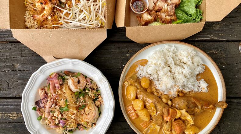 Some dishes on the menu at Tum Pok Pok include (clockwise from upper left): pad Thai, crispy fried pork belly, masaman curry with drumsticks, and glass noodle salad with seafood and minced chicken. Wendell Brock for The Atlanta Journal-Constitution
