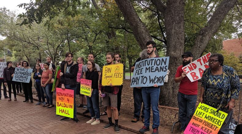 A group of University of Georgia graduate students and supporters protested before a state Board of Regents meeting on Oct. 15, 2019 to remove an institution fee and for greater access for immigrant students in the University System of Georgia. PHOTO CONTRIBUTED