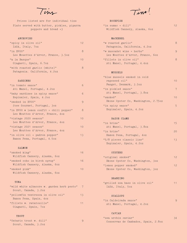 The menu from Larakin.
