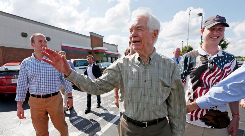 U.S. Sen. Thad Cochran, R-Miss., waves to supporters as he leaves a stop on the first day of a three-week campaign, Wednesday, June 4, 2014. Cochran, 76 and seeking a seventh term, faces state Sen. Chris McDaniel of Ellisville. (AP Photo/Rogelio V. Solis) U.S. Sen. Thad Cochran, R-Miss., waves to supporters as he leaves a stop on the first day of a three-week campaign on Wednesday. Cochran, 76 and seeking a seventh term, faces state Sen. Chris McDaniel of Ellisville. AP/Rogelio V. Solis
