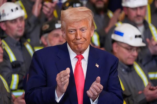 President Donald Trump listens to Jeff Crowe speak during an event on energy production in the East Room of the White House, Tuesday, April 8, 2025, in Washington. (AP Photo/Alex Brandon)