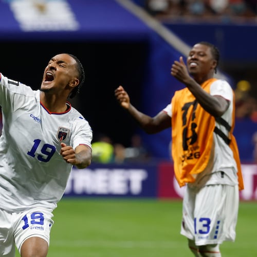 Cabo Verde's Dailon Livramento, left, and Cabo Verde's Sidny Lopes Cabral celebrate after the World Cup Group H soccer match between Spain and Cape Verde in Atlanta, Monday, June 15, 2026. (AP Photo/Erik S. Lesser)