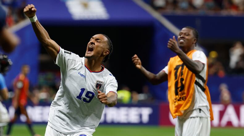 Cabo Verde's Dailon Livramento, left, and Cabo Verde's Sidny Lopes Cabral celebrate after the World Cup Group H soccer match between Spain and Cape Verde in Atlanta, Monday, June 15, 2026. (AP Photo/Erik S. Lesser)