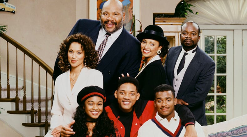 THE FRESH PRINCE OF BEL-AIR -- Season 4 -- Pictured: (l-r) Back: Karyn Parsons as Hilary Banks, James Avery as Philip Banks, Daphne Reid as Vivian Banks, Joseph Marcell as Geoffrey; Front: Tatyana Ali as Ashley Banks, Will Smith as William 'Will' Smith, Alfonso Ribeiro as Carlton Banks  (Photo by Chris Haston/NBC/NBCU Photo Bank via Getty Images)
