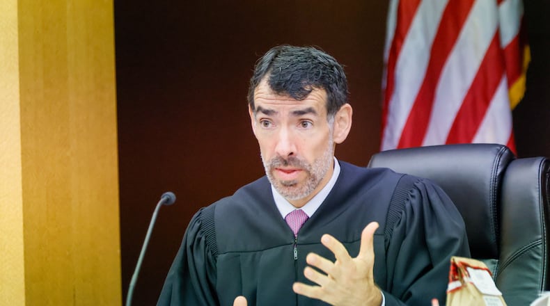 Fulton County Superior Court Judge Robert McBurney presides over the lawsuit’s trial against the State Election Board’s recently approved rule on Tuesday, October 1, 2024. The lawsuit against the State Election Board includes the Democratic National Committee, the Georgia Democratic Party, and Democrats on county election boards.
(Miguel Martinez / AJC)