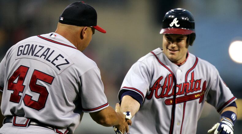 Matt Diaz (right) was the Braves’ opening-day left fielder in 2008 and 2012, the only player with multiple opening-day starts in left for the team in the past 11 years. They’ve had 10 different opening-day left fielders in the past 10 years. AP Photo/Gene J. Puskar)