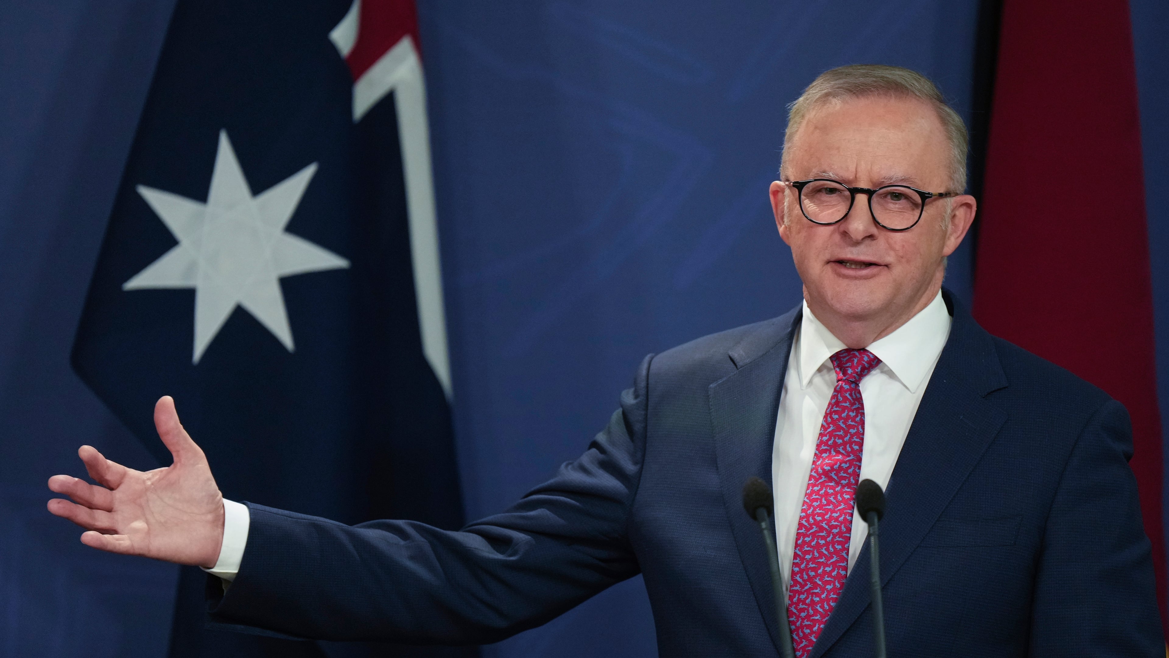FILE - Australian Prime Minister Anthony Albanese gestures during a press conference in Sydney, Australia, Dec. 12, 2024. (AP Photo/Mark Baker, File)