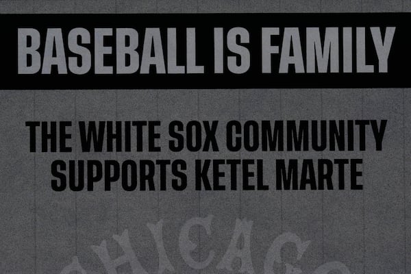 The Chicago White Sox display a sign on the big screen in support of Arizona Diamondbacks' Ketel Marte (4) during the first inning of a baseball game Wednesday, June 25, 2025, in Chicago. (AP Photo/Erin Hooley)