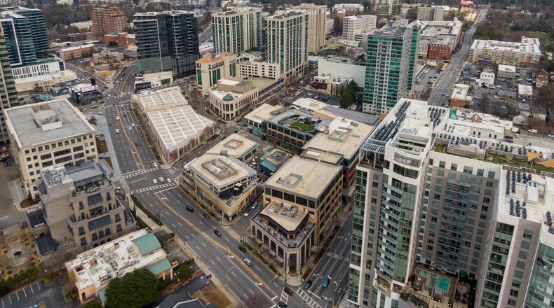 Aerial photography shows the Buckhead skyline in January 2021.  (Hyosub Shin / Hyosub.Shin@ajc.com)