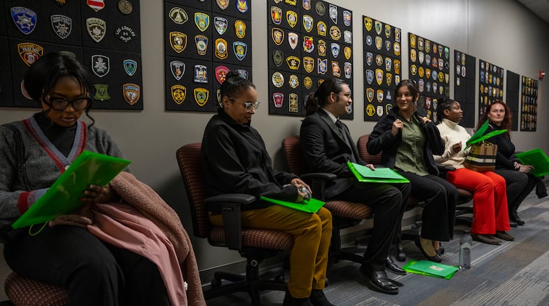 Job applicants wait to take their exams at the Gwinnett County Police Training Center on Saturday, Dec. 7, 2024 (Olivia Bowdoin for the AJC).
