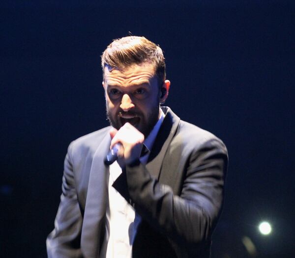 Justin Timberlake looks a little upset, but...nah...just a singing face. Photo: Melissa Ruggieri/AJC