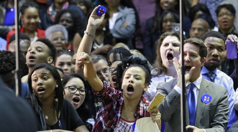 Oct. 30, 2015 - Atlanta - The crowd chants "let her talk" as a group was disrupting Clinton's speech. Democratic presidential candidate Hillary Clinton launched "African Americans for Hillary" at a grassroots organizing event at Clark Atlanta University. BOB ANDRES / BANDRES@AJC.COM