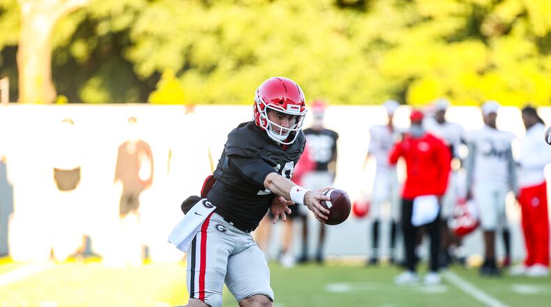Georgia quarterback JT Daniels (18) during the Bulldogs’ practice session in Athens, Ga., on Monday, Nov. 2, 2020. (Photo by Tony Walsh)