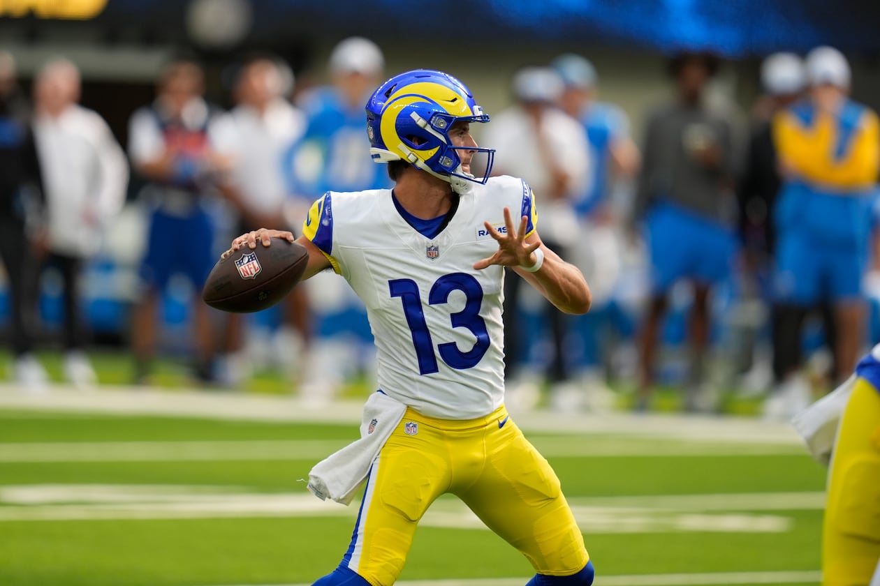 Former Georgia quarterback Stetson Bennett — pictured during a 2024 exhibition game with the Rams — appears to be in competition with 2026 first-round draft pick Ty Simpson for the backup quarterback role in Los Angeles behind Matthew Stafford. (Gregory Bull/AP)