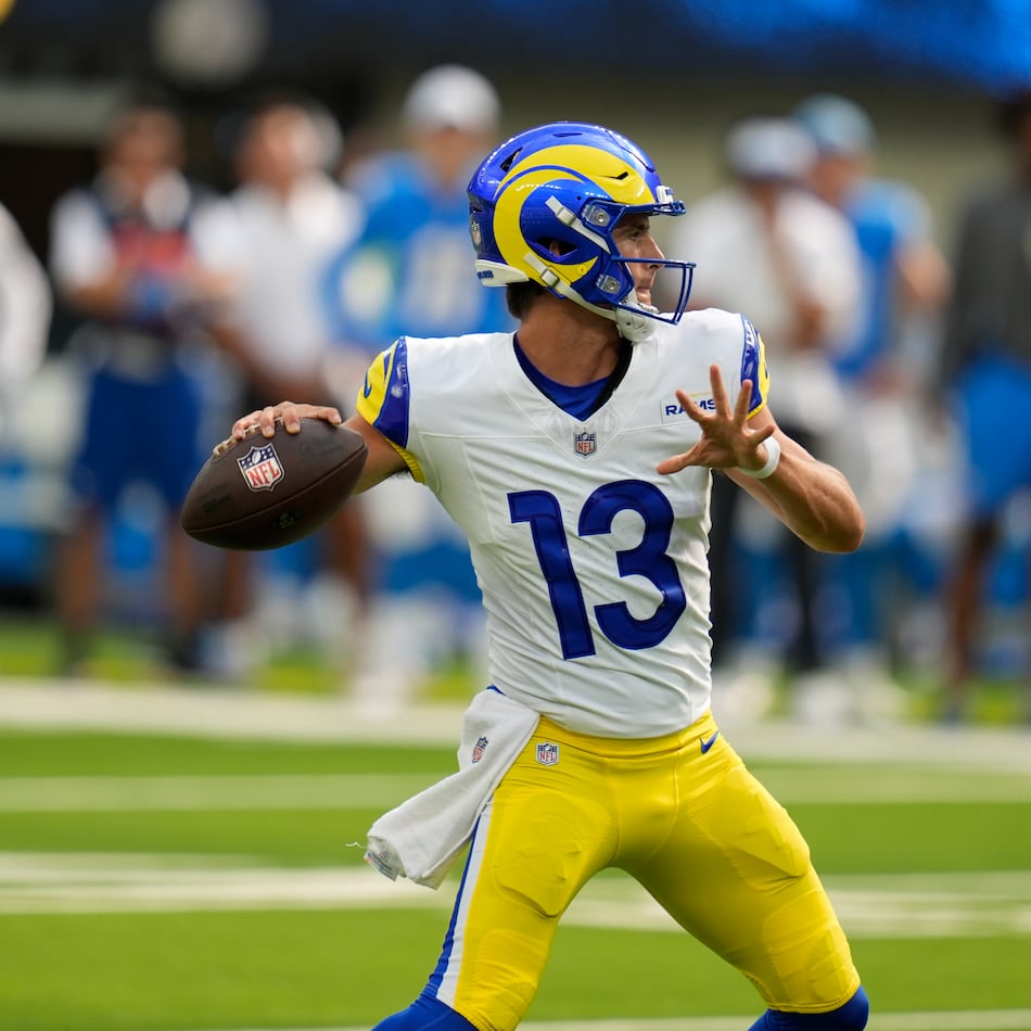 Former Georgia quarterback Stetson Bennett — pictured during a 2024 exhibition game with the Rams — appears to be in competition with 2026 first-round draft pick Ty Simpson for the backup quarterback role in Los Angeles behind Matthew Stafford. (Gregory Bull/AP)