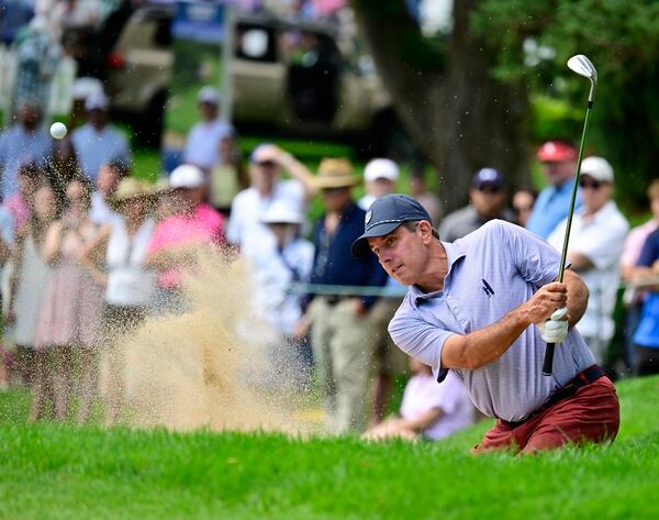 Matt Gogel hits out of a sand trap on to the third green during the second round of the U.S. Senior Open Championship golf tournament at Broadmoor Golf Club, Friday, June 27, 2025, in Colorado Springs, Colo. (Andy Cross/The Denver Post via AP)