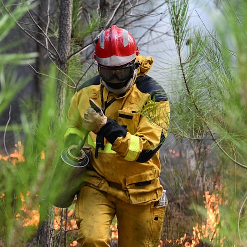 A firefighter creates a controlled burn to contain a fire area near Lege-Cap-Ferret, during wildfires in southwestern France, Thursday, July 30, 2026. (AP Photo/Emma Da Silva)