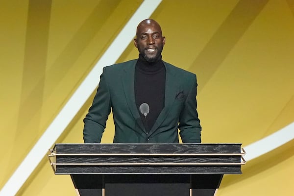 FILE - Kevin Garnett speaks as he is enshrined in the 2020 class of the Basketball Hall of Fame, Saturday, May 15, 2021, in Uncasville, Conn. (AP Photo/Kathy Willens, file)
