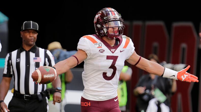 Virginia Tech defensive back Caleb Farley reacts after intercepting a pass intended against the Miami Hurricanes Saturday, Oct. 5, 2019, in Miami Gardens, Fla. (Lynne Sladky/AP)
