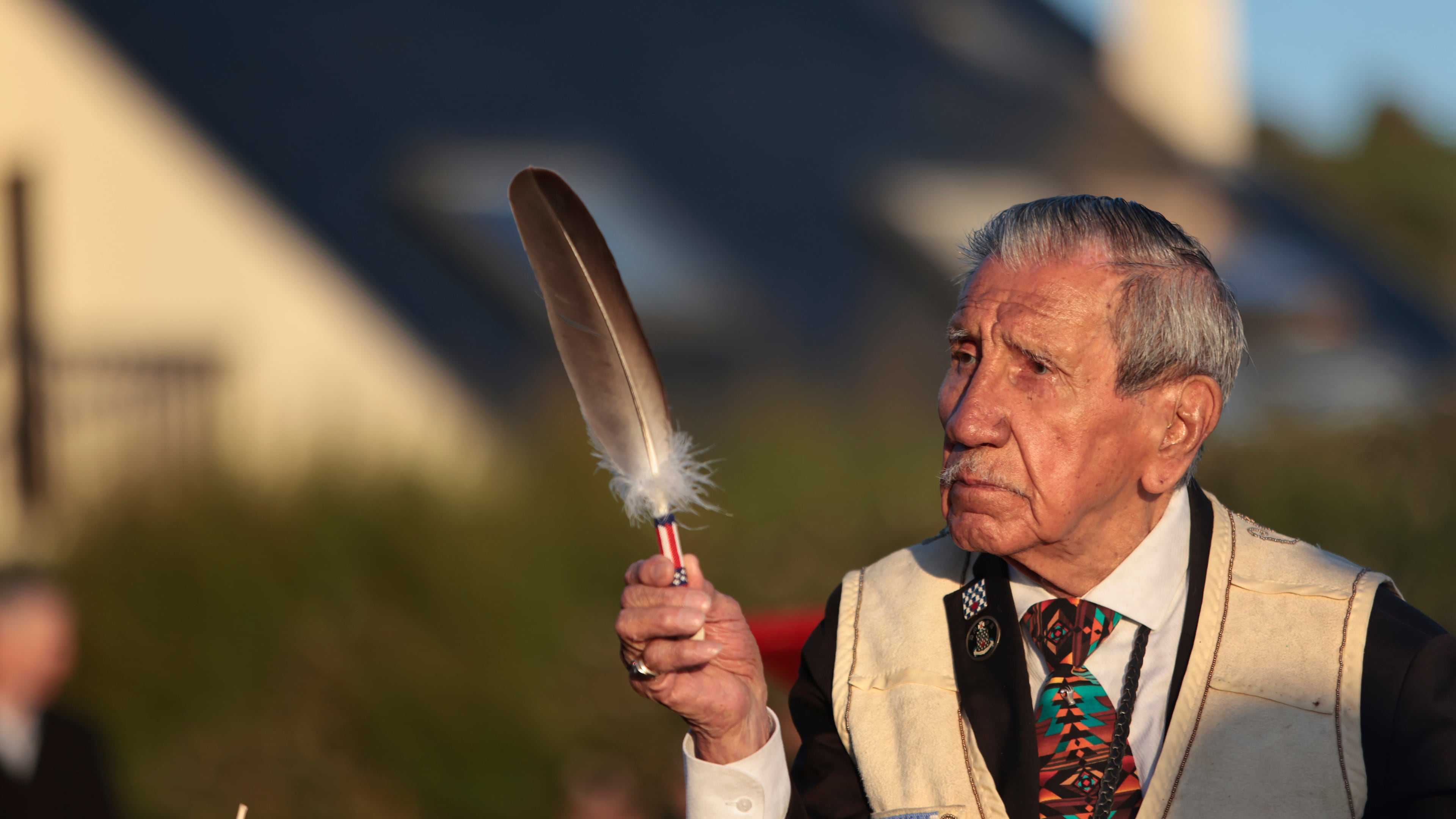 FILE - WWII veteran Charles Shay, 97 pays tribute to soldiers during a D-Day commemoration ceremony of the 78th anniversary for those who helped end World War II, in Saint-Laurent-sur-Mer, Normandy, France, Monday, June 6, 2022. (AP Photo/ Jeremias Gonzalez, File)