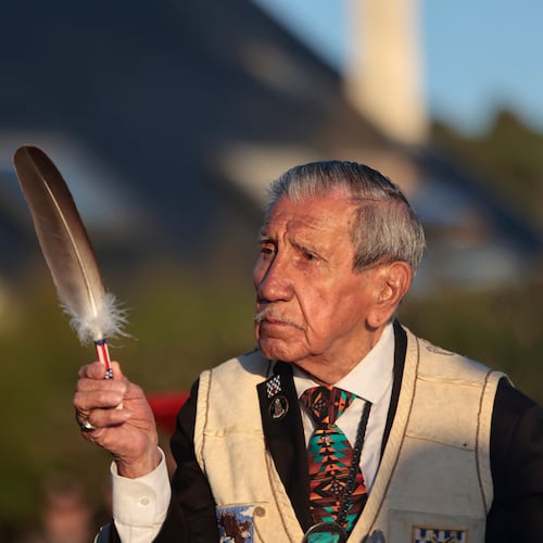FILE - WWII veteran Charles Shay, 97 pays tribute to soldiers during a D-Day commemoration ceremony of the 78th anniversary for those who helped end World War II, in Saint-Laurent-sur-Mer, Normandy, France, Monday, June 6, 2022. (AP Photo/ Jeremias Gonzalez, File)