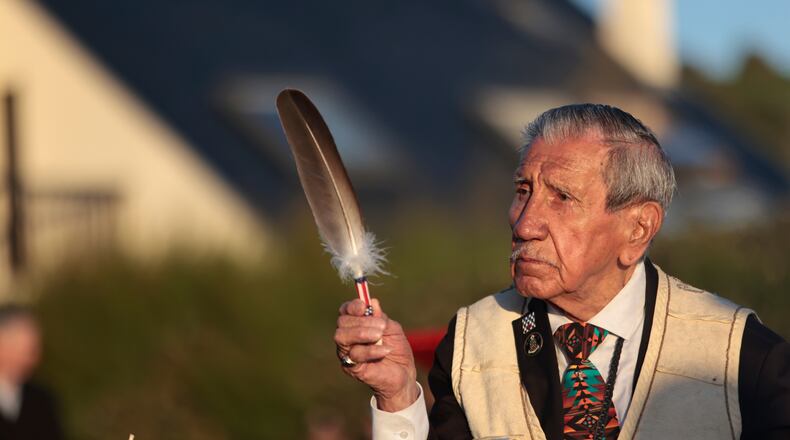 FILE - WWII veteran Charles Shay, 97 pays tribute to soldiers during a D-Day commemoration ceremony of the 78th anniversary for those who helped end World War II, in Saint-Laurent-sur-Mer, Normandy, France, Monday, June 6, 2022. (AP Photo/ Jeremias Gonzalez, File)
